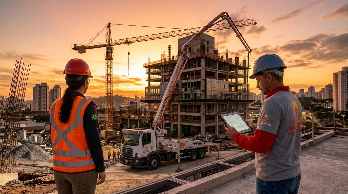 Equipe da 2L Engenharia em obra ao entardecer